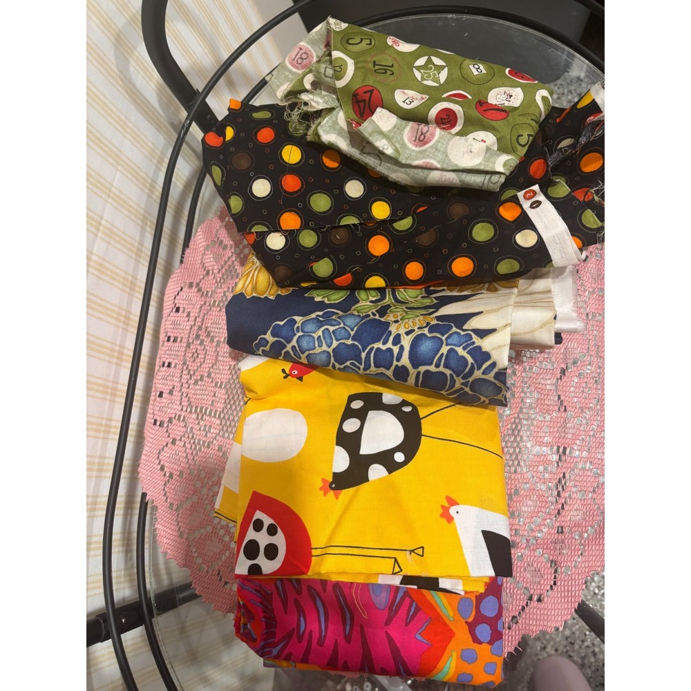 Assorted Cotton Fabric Remnants Bundle Floral Polka Dot Chicken Prints 5 Pieces